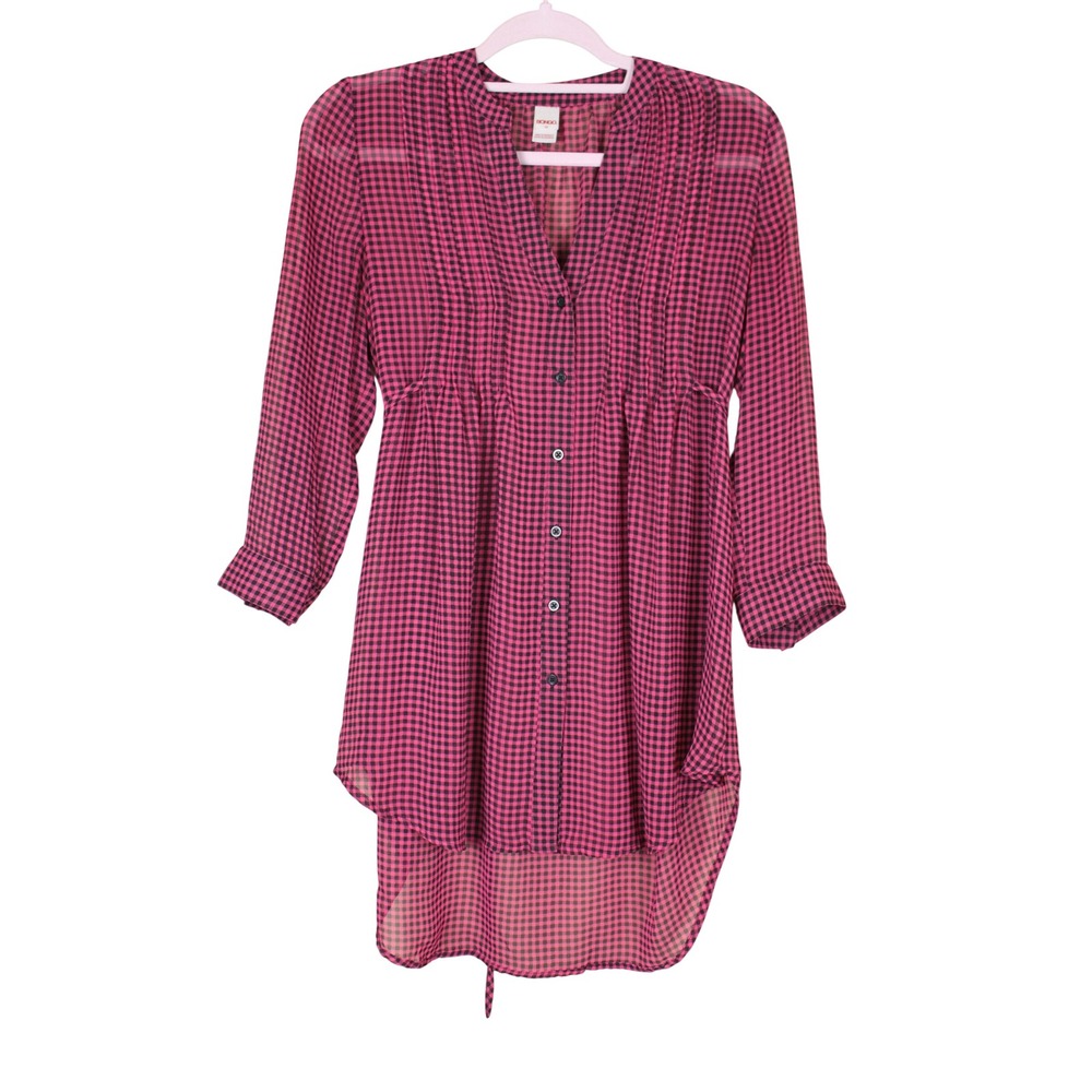 Bongo Pink & Black Gingham Check Sheer Y2K Empire Waist Tunic Top Size M
